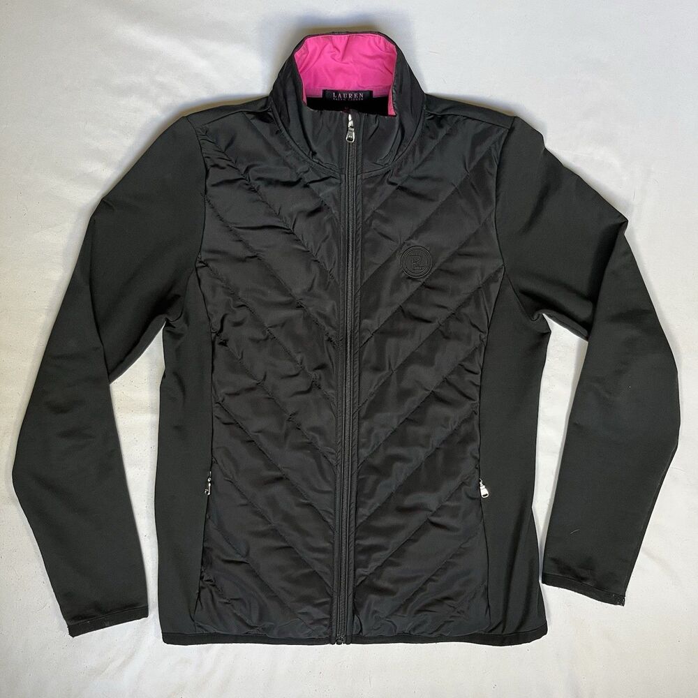 Lauren Ralph Lauren Jacket Womens L Black Quilted Full Zip Logo Pockets Stretch